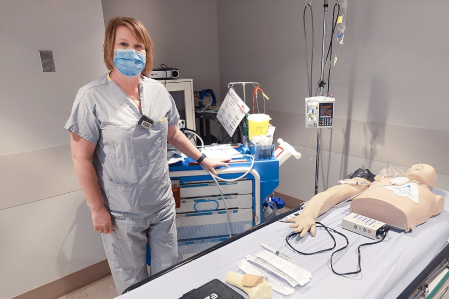 Rachel Mann, Nurse Manager of the Intensive Care Unit at the Campbellton Regional Hospital, was one of many hospital employees who hosted a group of students from école Aux quatre vents school in Dalhousie. She is shown with some of the equipment that was used for the critical care demonstrations.